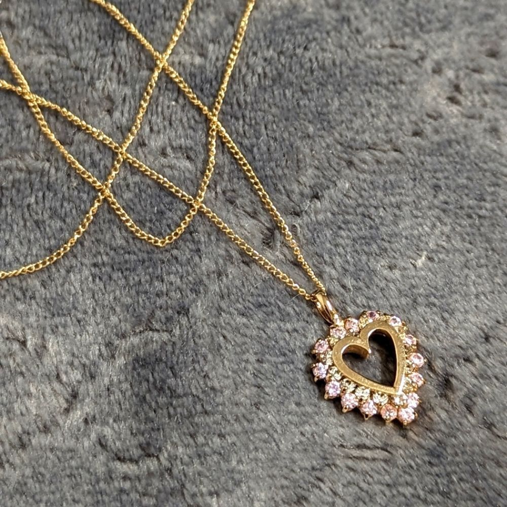 Heart Shaped Pendant w/ Clear & Pale Pink CZ's - Gold over Sterling Silver - Picture 2 of 14